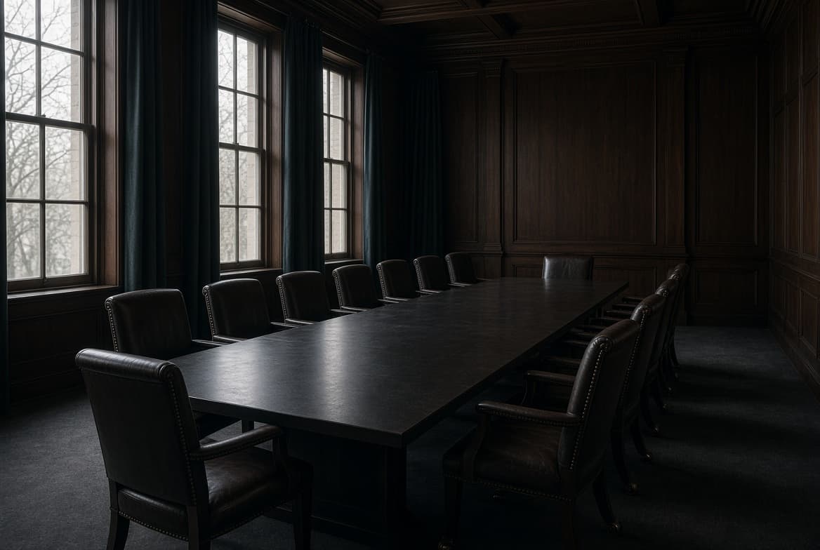 Empty panelled table, twelve chairs.